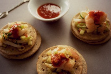 Oatcakes with spiced prawns and kimichi