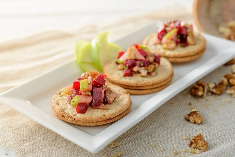 Nairns oatcakes with Beetroot and Apple Waldorf topping