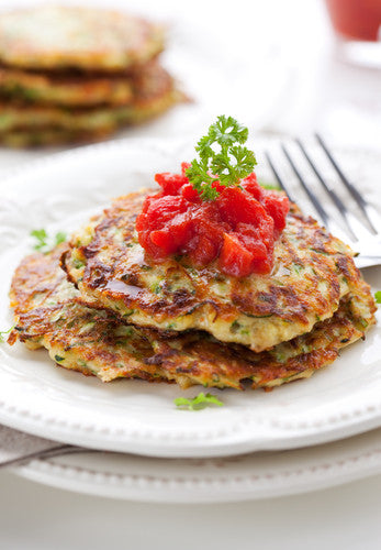 Corn fritters with roasted tomato chilli jam & cottage cheese